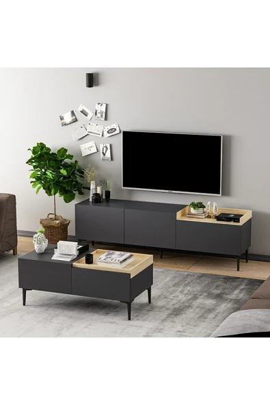 İNARCH DİZAYN Mia Tv Ünitesi ve Orta Sehpa Takım Antrasit/Safir Meşe - 3