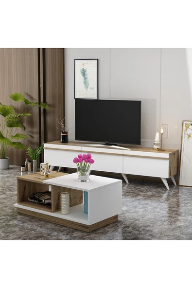 İNARCH DİZAYN Valentina Tv Ünitesi - Viyana Orta Sehpa Takımı Beyaz/Çırağan - 2