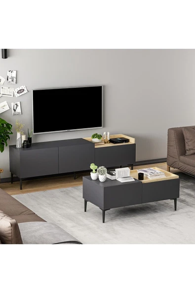 İNARCH DİZAYN Mia Tv Ünitesi ve Orta Sehpa Takım Antrasit/Safir Meşe - 2