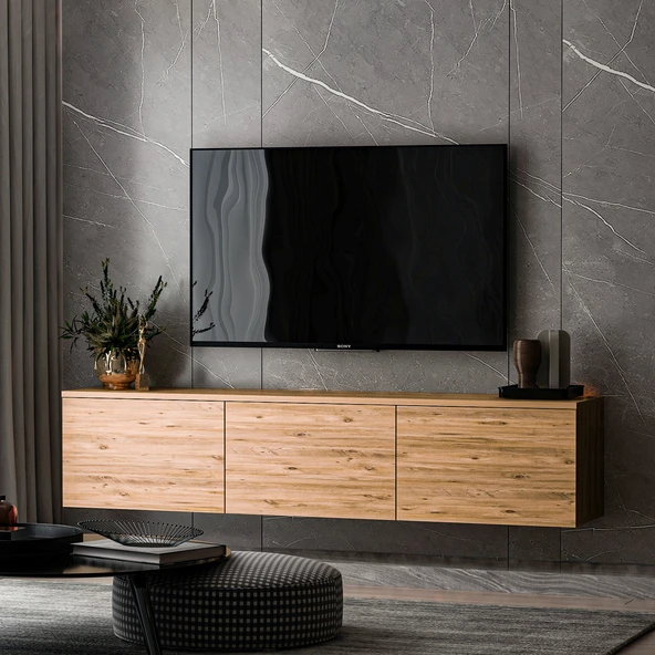 Neon Duvara Monte 3 Kapaklı TV Sehpası – 160 cm – Minimal Tasarım, Atlantik Çam - Resim 7