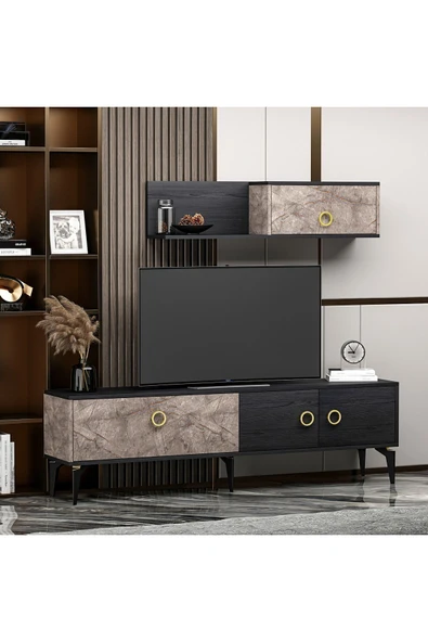 İNARCH DİZAYN Zümrüt T0019 Tv Ünitesi Gordion Mermer/Siyah Takım - Resim 3
