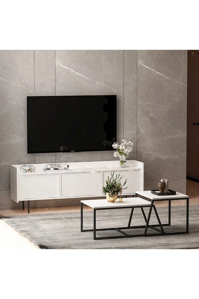İNARCH DİZAYN Atlas Tv Ünitesi - Minimal 2'li Orta Sehpa Beyaz Takım - 3
