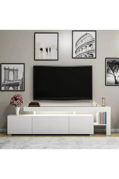 İNARCH DİZAYN Beliz Modern LED Işıklı 3 Kapaklı, Raflı TV Sehpası – 192 cm, Beyaz - 2