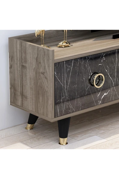 İNARCH DİZAYN Rosa Tv Ünitesi Alt Ve Üst Modül Takım Siyah Mermer Desen - 4