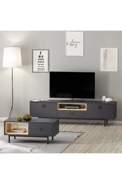 İNARCH DİZAYN Naturel Tv Ünitesi Ve Orta Sehpa Takım ( 2'li Set) Antrasit - Resim 2