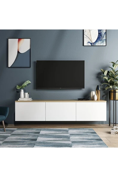 İNARCH DİZAYN Neon Duvara Monte 3 Kapaklı TV Sehpası – 160 cm – Minimal Tasarım, Beyaz/Safir Meşe - Resim 2