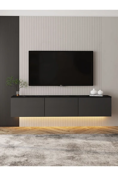 İNARCH DİZAYN Neon LED Işıklı Duvara Monte, 3 Kapaklı TV Sehpası – 160 cm - Modern Tasarım, Antrasit(Mermer Desen) - Resim 2