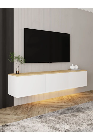 İNARCH DİZAYN Neon LED Işıklı Duvara Monte, 3 Kapaklı TV Sehpası – 160 cm - Modern Tasarım, Beyaz/Safir Meşe ürün görseli 1