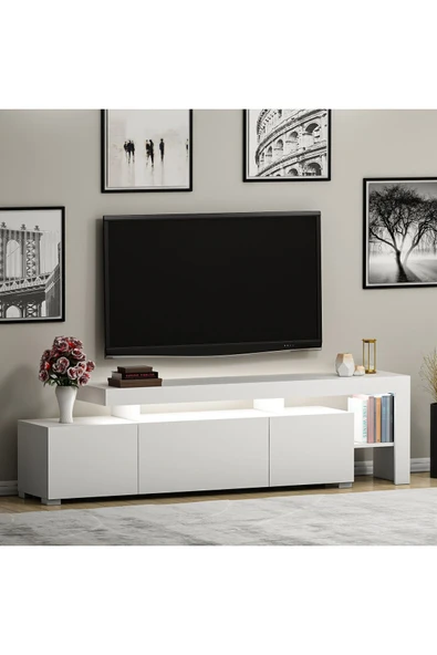 İNARCH DİZAYN Beliz Modern LED Işıklı 3 Kapaklı, Raflı TV Sehpası – 192 cm, Beyaz