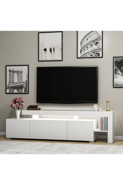 İNARCH DİZAYN Beliz Modern LED Işıklı 3 Kapaklı, Raflı TV Sehpası – 192 cm, Beyaz - 6