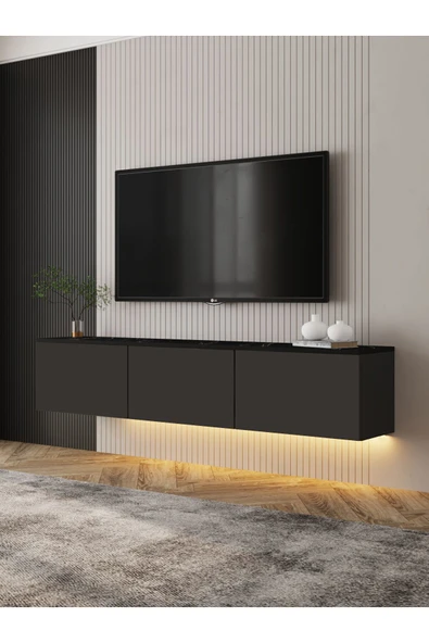İNARCH DİZAYN Neon LED Işıklı Duvara Monte, 3 Kapaklı TV Sehpası – 160 cm - Modern Tasarım, Antrasit(Mermer Desen) - Resim 6