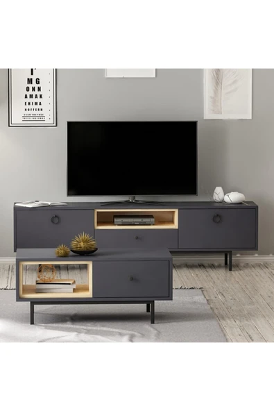 İNARCH DİZAYN Naturel Tv Ünitesi Ve Orta Sehpa Takım ( 2'li Set) Antrasit - Resim 3
