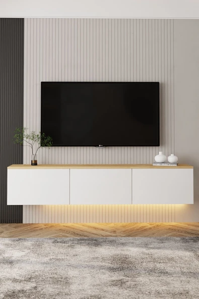 İNARCH DİZAYN Neon LED Işıklı Duvara Monte, 3 Kapaklı TV Sehpası – 160 cm - Modern Tasarım, Beyaz/Safir Meşe - Resim 2