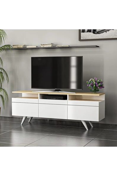 İNARCH DİZAYN Berlin Tv Ünitesi 150cm 3 Kapaklı Beyaz/Safir Meşe - 11