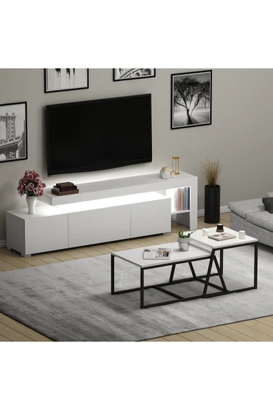 Beliz LED Işıklı TV Sehpası ve Minimal 2'li Orta Sehpa Takımı – Beyaz – Modern Oturma Odası Seti - 7
