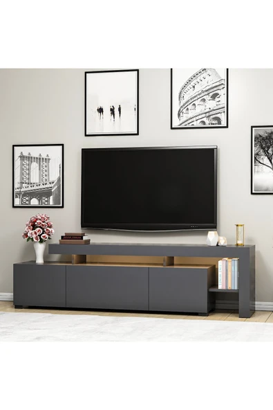 İNARCH DİZAYN Beliz Modern LED Işıklı 3 Kapaklı, Raflı TV Sehpası – 192 cm, Antrasit - 7