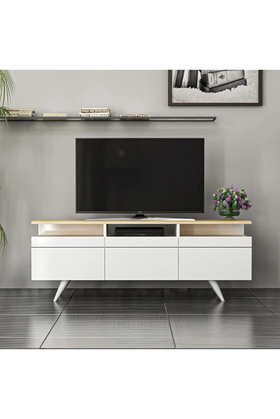 İNARCH DİZAYN Berlin Tv Ünitesi 150cm 3 Kapaklı Beyaz/Safir Meşe - 9