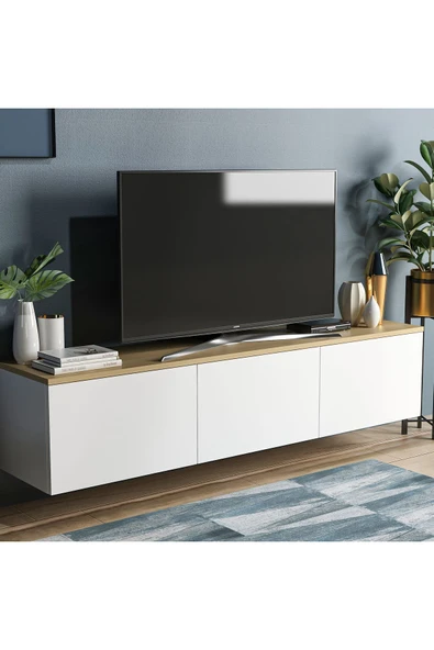 İNARCH DİZAYN Neon Duvara Monte 3 Kapaklı TV Sehpası – 160 cm – Minimal Tasarım, Beyaz/Safir Meşe - Resim 3