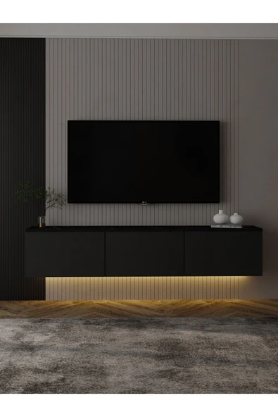 İNARCH DİZAYN Neon LED Işıklı Duvara Monte, 3 Kapaklı TV Sehpası – 160 cm - Modern Tasarım, Antrasit(Mermer Desen) - Resim 7