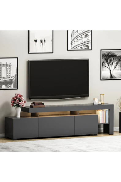İNARCH DİZAYN Beliz Modern LED Işıklı 3 Kapaklı, Raflı TV Sehpası – 192 cm, Antrasit
