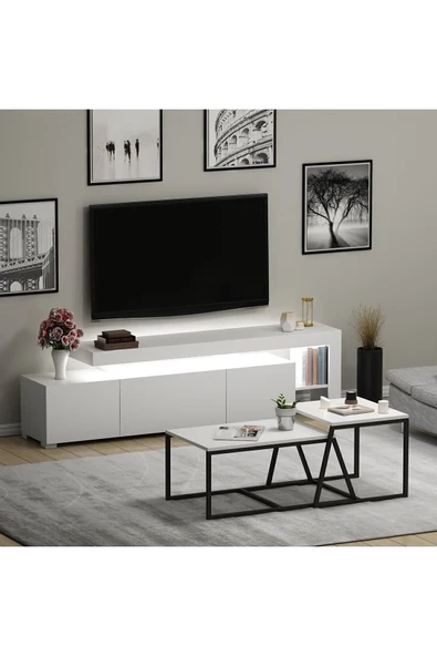 Beliz LED Işıklı TV Sehpası ve Minimal 2'li Orta Sehpa Takımı – Beyaz – Modern Oturma Odası Seti