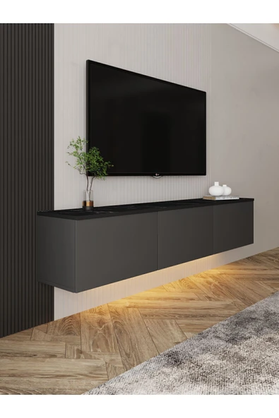 İNARCH DİZAYN Neon LED Işıklı Duvara Monte, 3 Kapaklı TV Sehpası – 160 cm - Modern Tasarım, Antrasit(Mermer Desen) ürün görseli 1