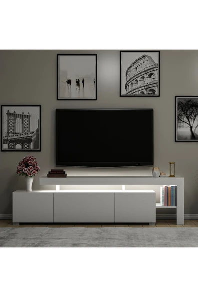 İNARCH DİZAYN Beliz Modern LED Işıklı 3 Kapaklı, Raflı TV Sehpası – 192 cm, Beyaz - 7