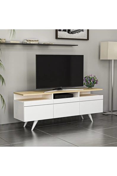 İNARCH DİZAYN Berlin Tv Ünitesi 150cm 3 Kapaklı Beyaz/Safir Meşe - 10