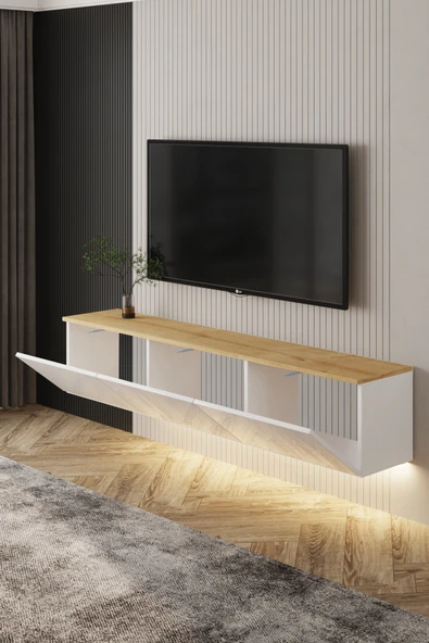 İNARCH DİZAYN Neon LED Işıklı Duvara Monte, 3 Kapaklı TV Sehpası – 160 cm - Modern Tasarım, Beyaz/Safir Meşe - Resim 3