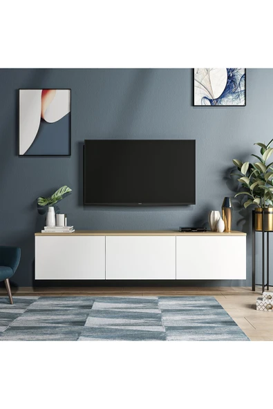 İNARCH DİZAYN Neon Duvara Monte 3 Kapaklı TV Sehpası – 160 cm – Minimal Tasarım, Beyaz/Safir Meşe - Resim 8
