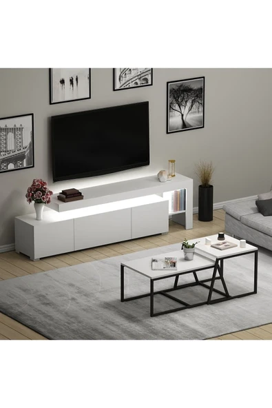 Beliz LED Işıklı TV Sehpası ve Minimal 2'li Orta Sehpa Takımı – Beyaz – Modern Oturma Odası Seti - 3