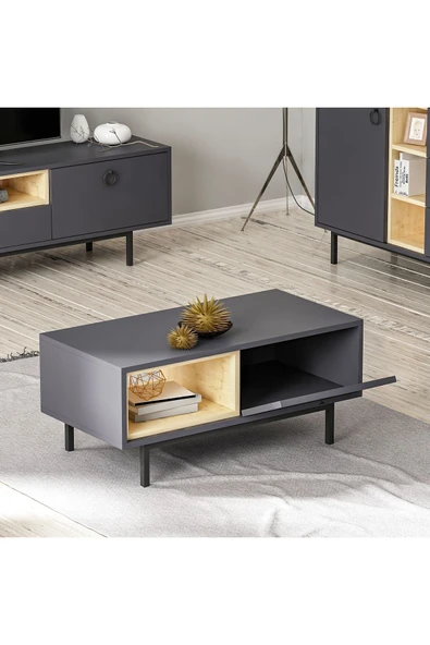 İNARCH DİZAYN Naturel Tv Ünitesi Ve Orta Sehpa Takım ( 2'li Set) Antrasit - Resim 6