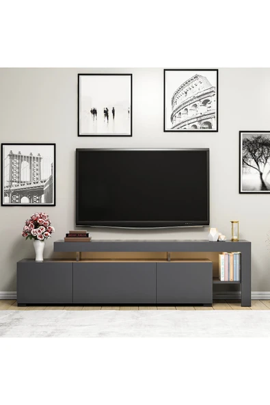 İNARCH DİZAYN Beliz Modern LED Işıklı 3 Kapaklı, Raflı TV Sehpası – 192 cm, Antrasit - 2
