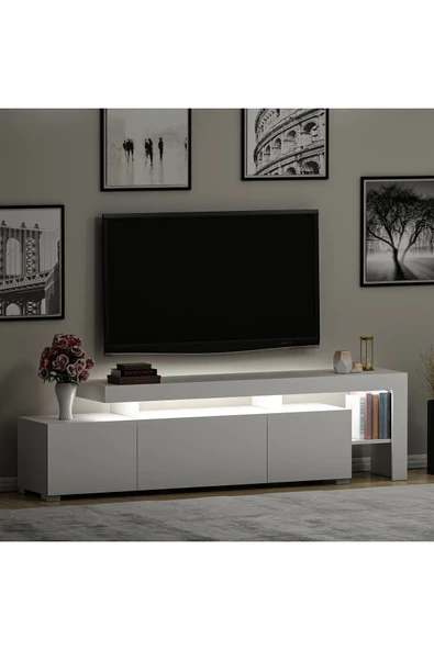 İNARCH DİZAYN Beliz Modern LED Işıklı 3 Kapaklı, Raflı TV Sehpası – 192 cm, Beyaz - 3