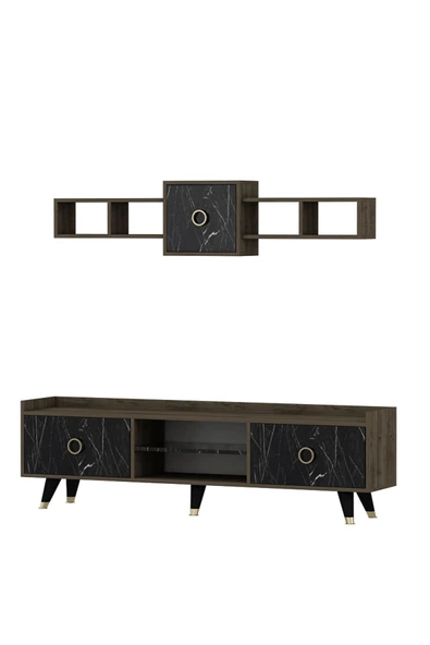 İNARCH DİZAYN Rosa Tv Ünitesi Alt Ve Üst Modül Takım Siyah Mermer Desen - 7