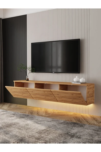 İNARCH DİZAYN Neon Işıklı Duvara Monte Tv Ünitesi Atlantik Çam - Resim 5