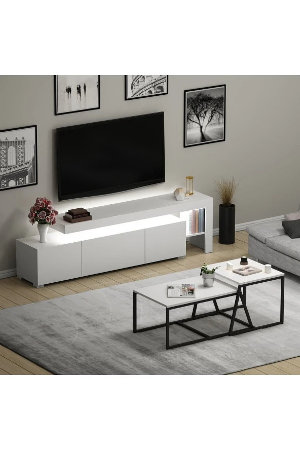 İNARCH DİZAYN Beliz Işıklı Tv Ünitesi Ve Minimal 2'li Orta Sehpa Takımı Beyaz