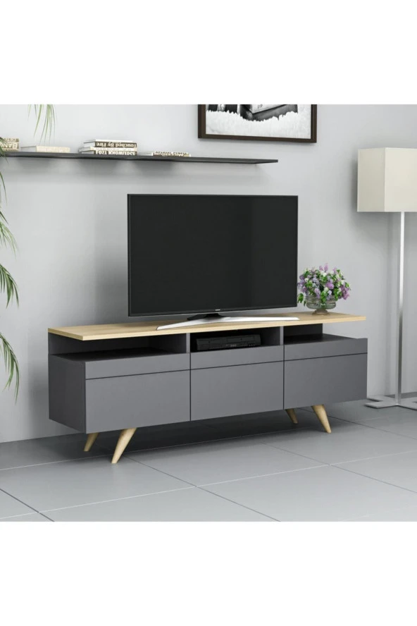 İNARCH DİZAYN Berlin 150cm 3 Kapaklı Tv Ünitesi Antrasit/Safir Meşe