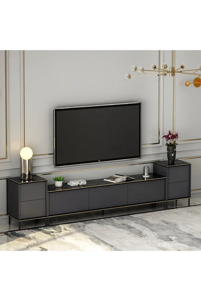 İNARCH DİZAYN İmaj Tv Ünitesi ve Komodin Takım Antrasit (Mermer Desen) - 3