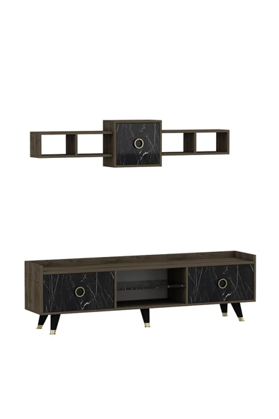 İNARCH DİZAYN Rosa Tv Ünitesi Alt Ve Üst Modül Takım Siyah Mermer Desen - 8