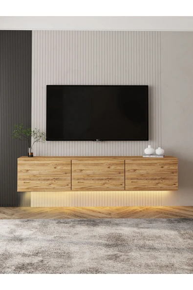 İNARCH DİZAYN Neon Işıklı Duvara Monte Tv Ünitesi Atlantik Çam - Resim 2