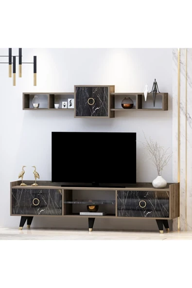 İNARCH DİZAYN Rosa Tv Ünitesi Alt Ve Üst Modül Takım Siyah Mermer Desen - 2