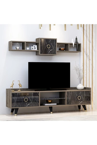 İNARCH DİZAYN Rosa Tv Ünitesi Alt Ve Üst Modül Takım Siyah Mermer Desen