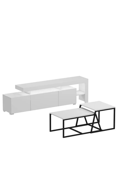 Beliz LED Işıklı TV Sehpası ve Minimal 2'li Orta Sehpa Takımı – Beyaz – Modern Oturma Odası Seti - 4