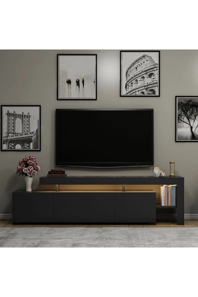 İNARCH DİZAYN Beliz Modern LED Işıklı 3 Kapaklı, Raflı TV Sehpası – 192 cm, Antrasit - 6