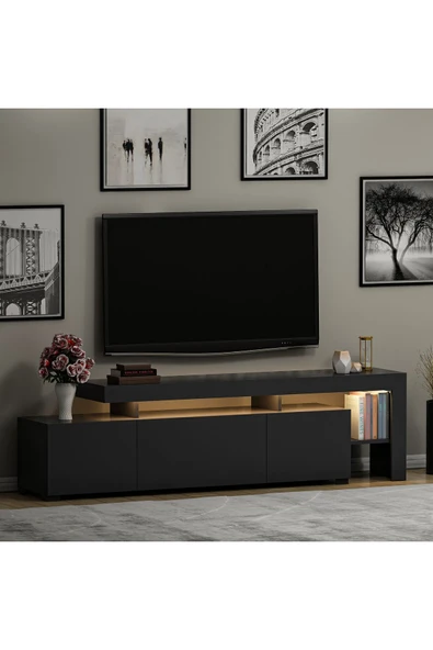 İNARCH DİZAYN Beliz Modern LED Işıklı 3 Kapaklı, Raflı TV Sehpası – 192 cm, Antrasit - 8