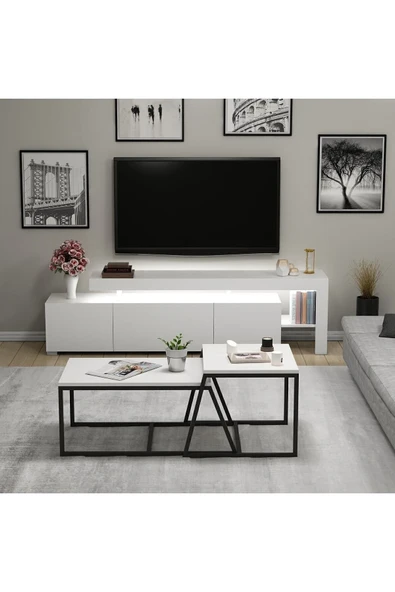 Beliz LED Işıklı TV Sehpası ve Minimal 2'li Orta Sehpa Takımı – Beyaz – Modern Oturma Odası Seti - 2