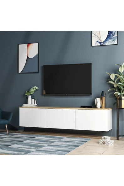 İNARCH DİZAYN Neon Duvara Monte 3 Kapaklı TV Sehpası – 160 cm – Minimal Tasarım, Beyaz/Safir Meşe - Resim 6