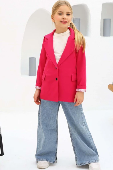 Kız Çocuk Bol Kesim Pantolon ve Blazer Ceket Pembe Alt Üst Takım - Resim 6