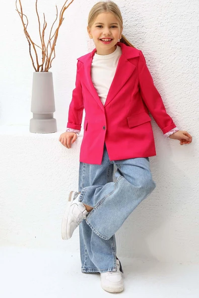 Kız Çocuk Bol Kesim Pantolon ve Blazer Ceket Pembe Alt Üst Takım - Resim 10